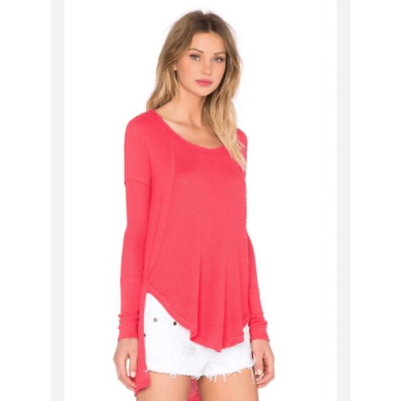 Free People Coral Poppy Red Drippy Ventura Waffle Knit Thermal Top Size XS - Picture 1 of 4